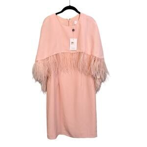 Mikael Aghal Midi Shift Sheath Dress Women 10 Rougeur Cape Feather Trim Pink NWT